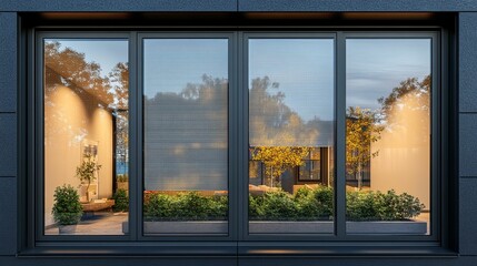 Large windows reflecting an exterior with garden and trees