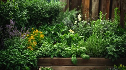 lush herb garden in wooden planter box