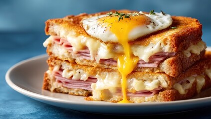 Croque madame breakfast sandwich with runny egg yolk on blue background