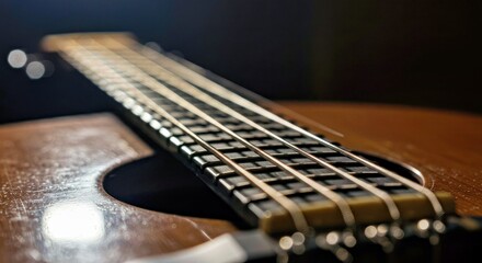 Fototapeta premium Close Up Acoustic Guitar Strings Detail Soft Bokeh Background Beautiful Light Reflections Musical Instrument Macro Image