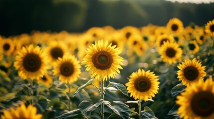Sunflowers bloom vibrantly under the warm summer sun, stretching across a vast field, embodying joy and the essence of a lively season.