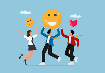 Happy Business Team Celebrating Success. Joyful Office Workers with Smiley Emoji and Heart Icon for Team Achievement and Motivation Concept