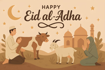 Fototapeta premium Eid al-Adha Illustration Banner, A warm, flat-style landscape banner featuring a man in prayer, a cow, a woman worshipping, and a goat, with a mosque in the background.