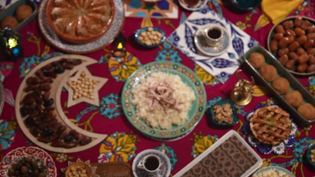 Ramadan Iftar Table Background Video, Muslim Family Having Dinner At Home, Iftar Table Turkish Traditional Food, Ramadan Background, Eid Mubarak Concept Video, Uskudar Istanbul, Turkiye (Turkey) 