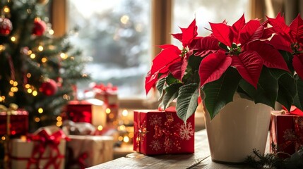 Festive christmas scene with poinsettia and decorated tree by a cozy window