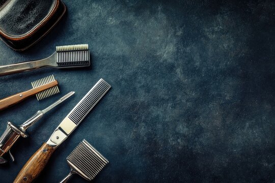 Grooming tools arranged on dark surface
