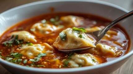 Spicy hot and sour dumpling soup garnished with fresh cilantro
