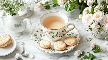 Elegant Tea Time Setting with Floral Accents and Cookies