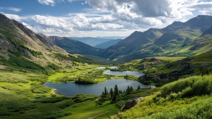 High mountain meadows. Majestic mountains and tranquil waters.