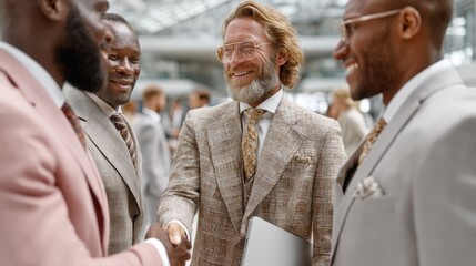 New team member being welcomed into a bright office by colleagues with a firm handshake, setting the tone for collaboration, trust, and mutual respect