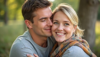 Fototapeta premium A radiant couple shares a tender moment in a lush, sun-drenched park, their smiles reflecting pure happiness. The warm embrace and playful expressions capture the essence of love and connection