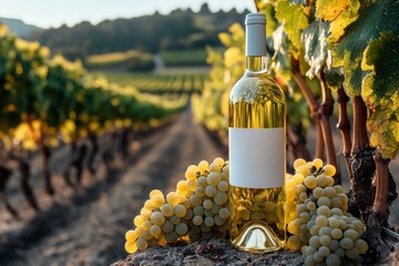 Fototapeta premium Bottle of white wine resting on stone in french vineyard during sunset golden hour