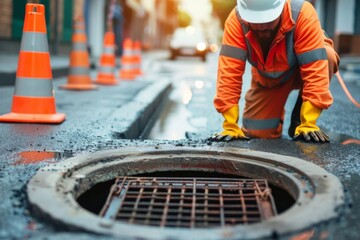 Worker over the open sewer hatch on a street near the traffic cones