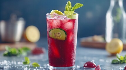 Refreshing cranberry cucumber mocktail with lime and mint garnish