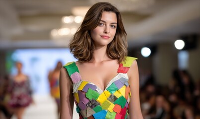 Model in colorful patchwork dress walks runway at fashion show