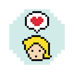 Cute pixel cartoon 8bit character man feel love happy happiness heart emotion decoration in love 8 bit male boy happy favorite like mood game isolated PNG vector.