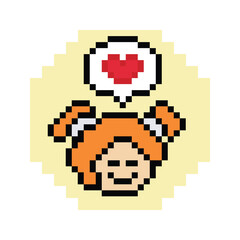 Cute pixel cartoon 8bit character woman lady feel love happy happiness heart emotion decoration in love 8 bit female girl happy favorite like mood game isolated PNG vector.
