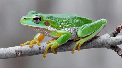 Obraz premium Green frog is sitting on a branch. The frog is small and has yellow feet. The branch is thin and has a grayish color