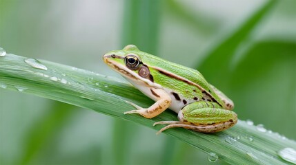 Obraz premium Green frog is sitting on a leaf. The frog is small and has a brown stripe on its back