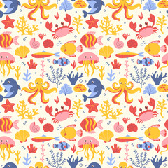 Seamless pattern with hand drawn marine animals, fish