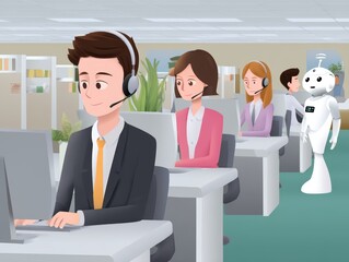 Modern Office with Customer Service Representatives and Robot Assistant