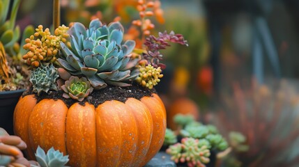 Vibrant succulent arrangement in pumpkin planter with autumn colors