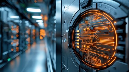 A futuristic server room showcasing intricate circuits with glowing orange lights, emphasizing modern technology and digital infrastructure.