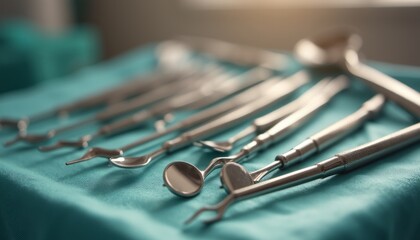 A pristine array of gleaming dental tools lies on a vibrant teal cloth, reflecting light in a clinical setting. This image captures the essence of precision and care in dentistry, showcasing the