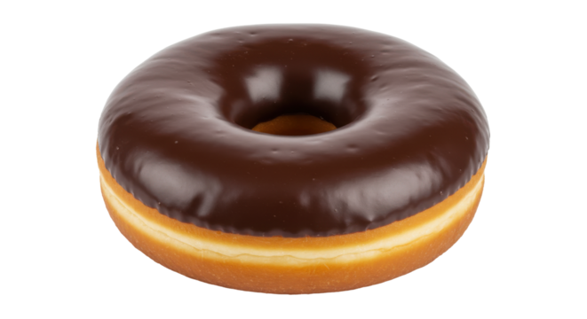 Chocolate-glazed donut on a clean background, highlighting its texture and shape