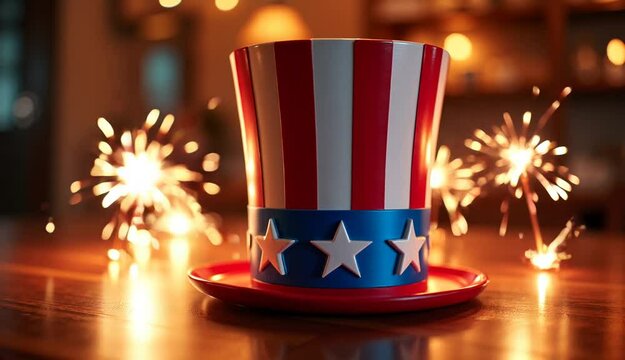 American flag themed top hat on a wooden table with sparklers in a festive atmosphere, Uncle Sam hat, U.S. Independence Day