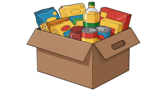 A cardboard box filled with various food items and drinks, ideal for donation or pantry use