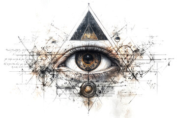 The all-seeing eye observes alchemy and sacred geometry symbols, creating a mystical and esoteric artwork