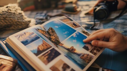 Hand browsing scenic photo album with travel memories