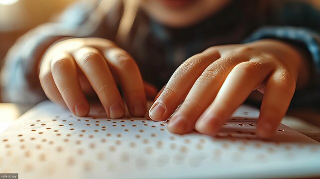 A childs hands learning braille on a white sheet