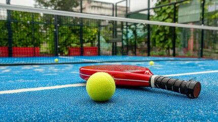 A vibrant tennis court with a red racket and a yellow ball on blue surface