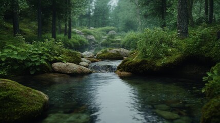 Obraz premium A serene stream meanders through a lush, green forest, surrounded by rocks and vibrant foliage under a soft, misty sky.