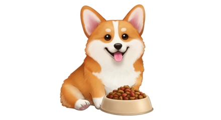 Cute cartoon corgi happily sitting beside a bowl of food, smiling with joy