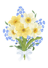Bouquet with flowers of blue forget-me-nots, yellow and white daffodils, tied with a bow - composition. An element for the design