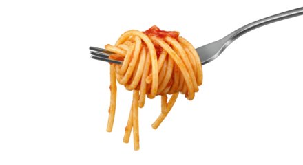 Close-up of a fork lifting spaghetti with tomato sauce against a clean background