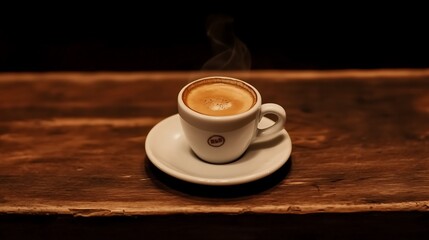 Obraz premium A cup of aromatic, steaming espresso in a white ceramic cup with saucer on a dark wooden background, close up view