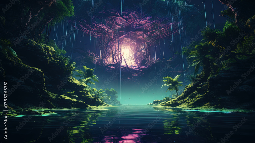 Poster neon-lit tree in a mystical jungle with glowing light and vibrant reflections