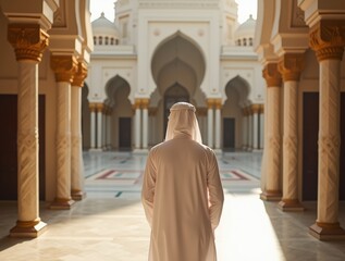 Naklejka premium Man in traditional attire walking through grand mosque courtyard at sunrise. 