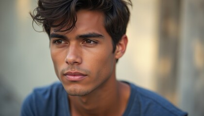 Fototapeta premium A striking portrait of a young man with tousled dark hair and a contemplative expression, set against a softly blurred background. His intense gaze and chiseled features evoke a sense of depth and