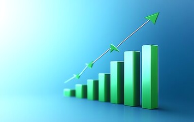 Green upward trend graph on blue background representing business growth, success, and positive financial performance. 
