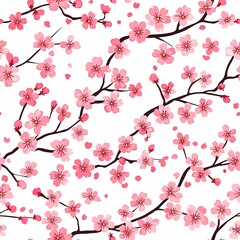 A delicate seamless pattern featu vibrant pink cherry blossoms and falling petals on a pristine white background ideal for various design applications and projects showcasing