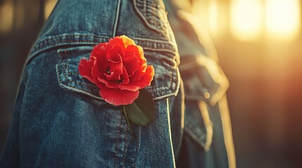 A red carnation on a worker's jacket, symbolizing labor pride and solidarity in a warm, industrial setting.