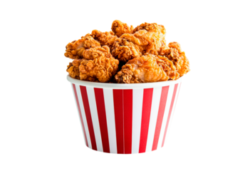 Crispy fried chicken in a classic striped bucket isolated on transparent background