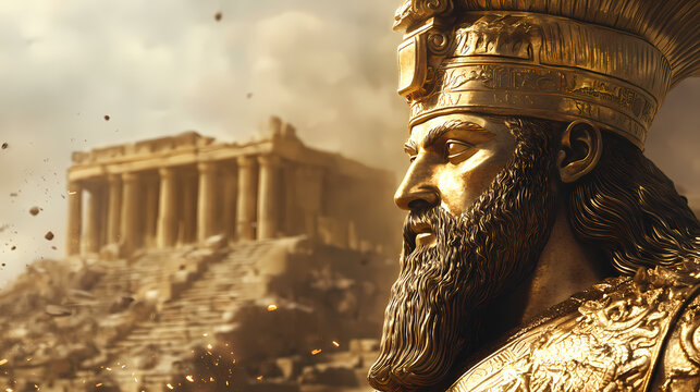 Golden nebuchadnezzar statue symbolizing power and majesty in ancient babylonian culture and history. Ruined Relics. Illustration