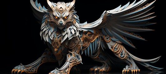 Naklejka premium Paper quilling wolf garuda Nano Robot full body in a sea of diamonds, ai generative