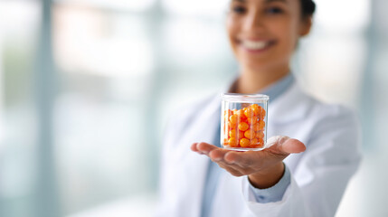 Close-up of hand holding jar of orange pills, blurred doctor in background, showcasing health, wellness, or pharmaceutical concept